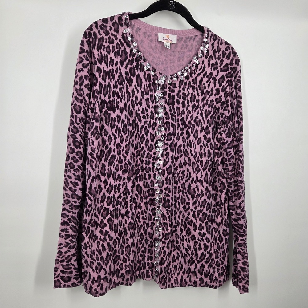 Quacker Factory Jeweled  Beaded Animal Print Pink Sweater Jumper  Large